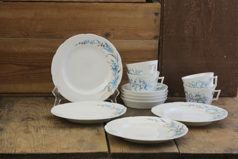 photo of antique Haviland china plates & tea cups w/ deep bowl saucers, art nouveau style grasses flowers aqua & gold #2