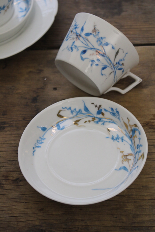 photo of antique Haviland china plates & tea cups w/ deep bowl saucers, art nouveau style grasses flowers aqua & gold #5