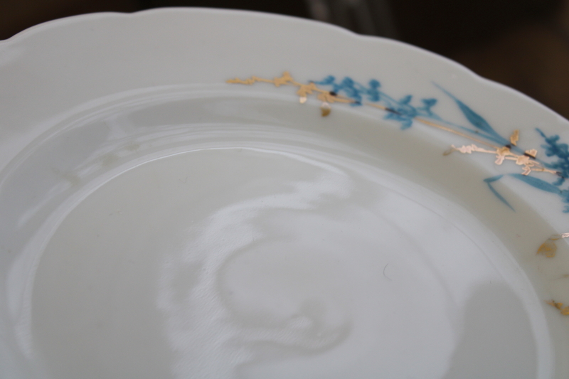 photo of antique Haviland china plates & tea cups w/ deep bowl saucers, art nouveau style grasses flowers aqua & gold #10