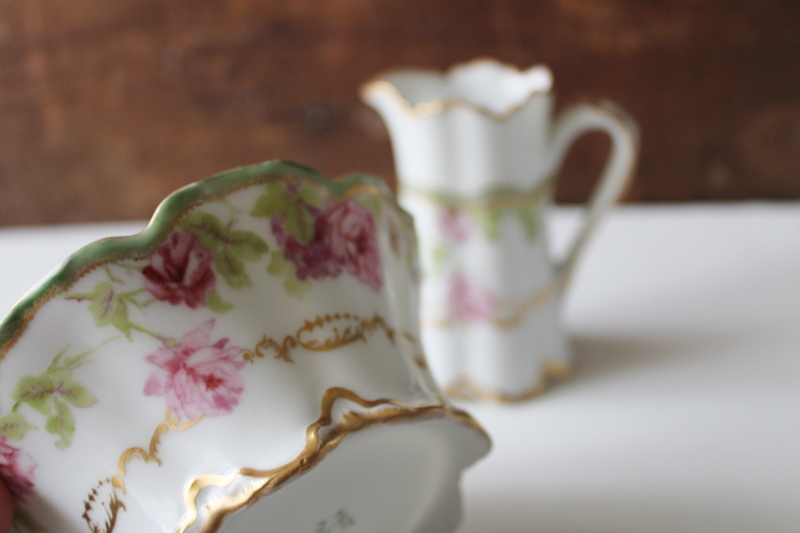 photo of antique Haviland cream pitcher & open sugar bowl pink rose green ribbon H & Co L France mark #3