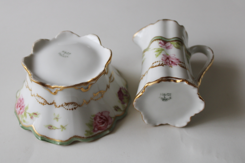 photo of antique Haviland cream pitcher & open sugar bowl pink rose green ribbon H & Co L France mark #4