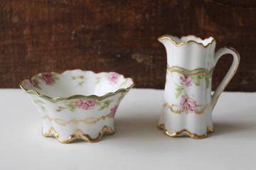 catalog photo of antique Haviland cream pitcher & open sugar bowl pink rose green ribbon H & Co L France mark