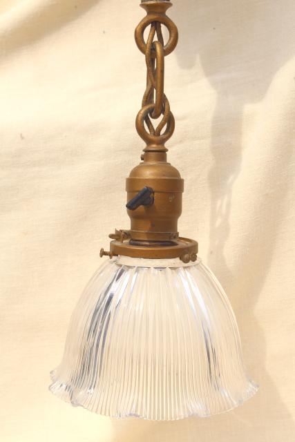 photo of antique Holophane shade pendant light w/ early electric socket, all original vintage lighting #1