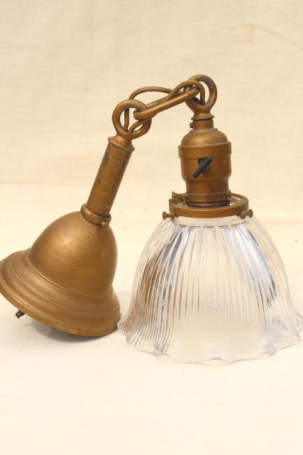 photo of antique Holophane shade pendant light w/ early electric socket, all original vintage lighting #6