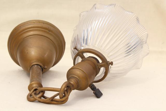 photo of antique Holophane shade pendant light w/ early electric socket, all original vintage lighting #11