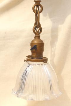 catalog photo of antique Holophane shade pendant light w/ early electric socket, all original vintage lighting