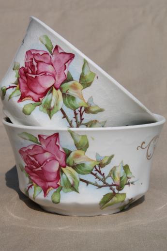 photo of antique Homer Laughlin china cranberry bowls w/ large pink tea rose #1