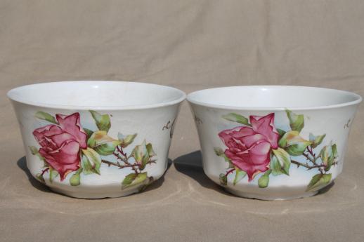 photo of antique Homer Laughlin china cranberry bowls w/ large pink tea rose #2