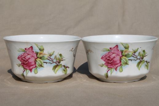 photo of antique Homer Laughlin china cranberry bowls w/ large pink tea rose #3