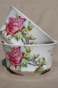 catalog photo of antique Homer Laughlin china cranberry bowls w/ large pink tea rose