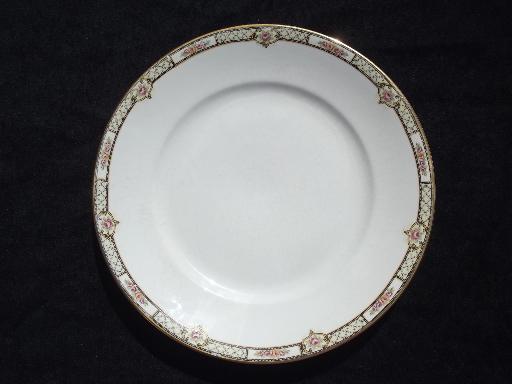 photo of antique Homer Laughlin china plates, tiny pink rose black lattice border #2