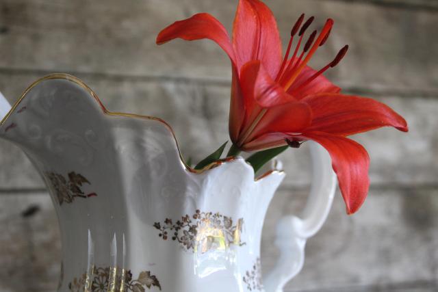 photo of antique Homer Laughlin china wash pitcher, large water jug w/ hand painted gold #2