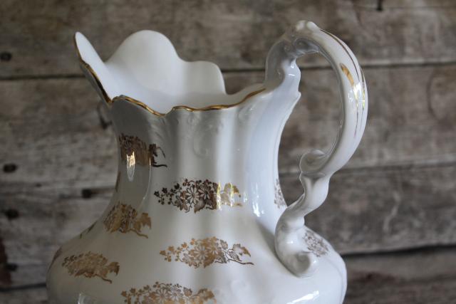 photo of antique Homer Laughlin china wash pitcher, large water jug w/ hand painted gold #3