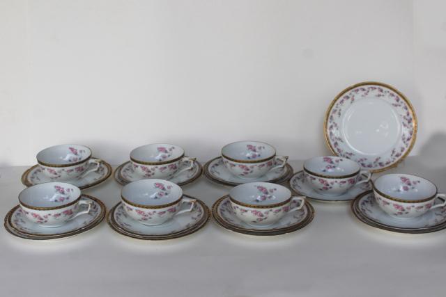 photo of antique Imperial Austria porcelain tea cup / plate trios for 8, Alma rose floral band #1