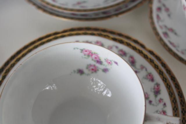 photo of antique Imperial Austria porcelain tea cup / plate trios for 8, Alma rose floral band #3