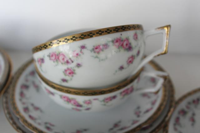 photo of antique Imperial Austria porcelain tea cup / plate trios for 8, Alma rose floral band #4