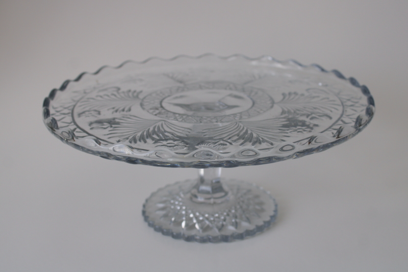 photo of antique Indiana glass cake stand, horsemint flowers pattern crystal clear pressed glass  #1