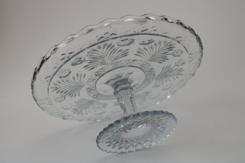 photo of antique Indiana glass cake stand, horsemint flowers pattern crystal clear pressed glass #2