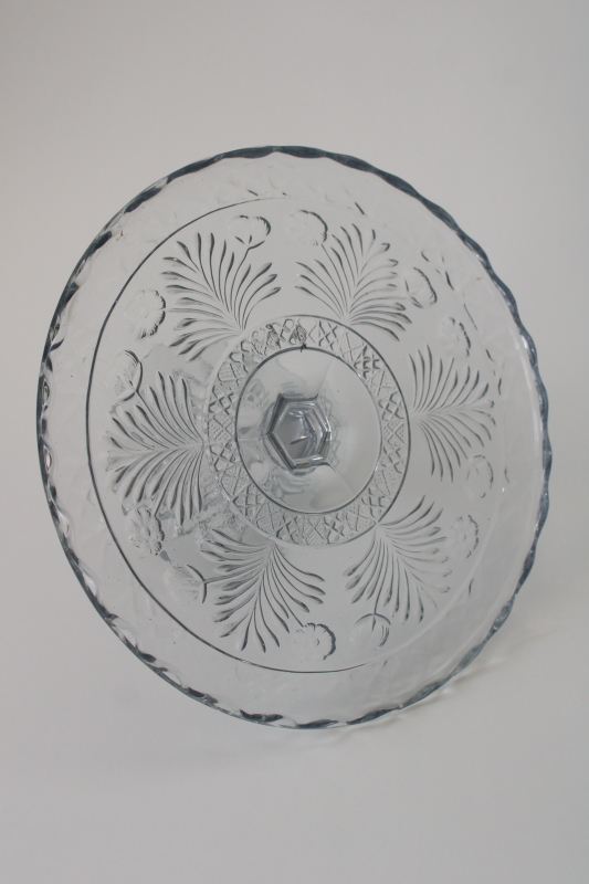 photo of antique Indiana glass cake stand, horsemint flowers pattern crystal clear pressed glass #3