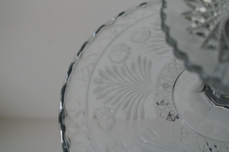 photo of antique Indiana glass cake stand, horsemint flowers pattern crystal clear pressed glass #4