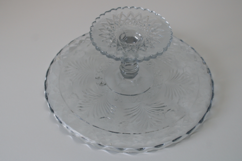 photo of antique Indiana glass cake stand, horsemint flowers pattern crystal clear pressed glass #5