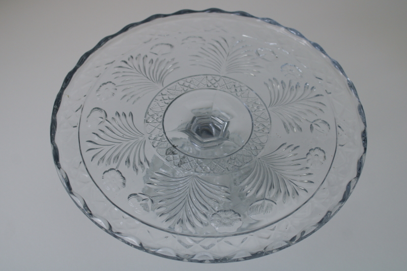 photo of antique Indiana glass cake stand, horsemint flowers pattern crystal clear pressed glass #6