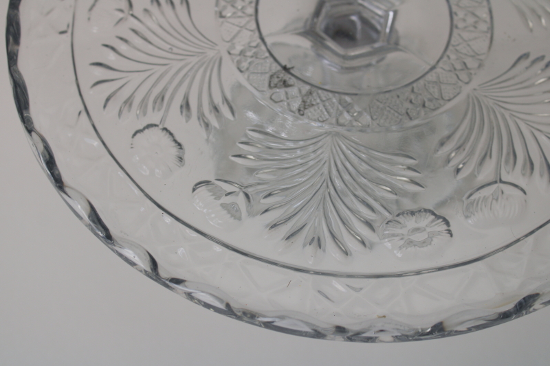 photo of antique Indiana glass cake stand, horsemint flowers pattern crystal clear pressed glass #7