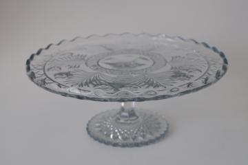 antique Indiana glass cake stand, horsemint flowers pattern crystal clear pressed glass 