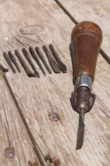 photo of antique JS Fray & Co multi tool handle screwdriver  w/ 9 bits, gimlet, awl #5