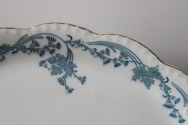photo of antique Johnson Bros Vintage pattern china platter, dark blue green transferware Victorian ivy border w/ tassels #2