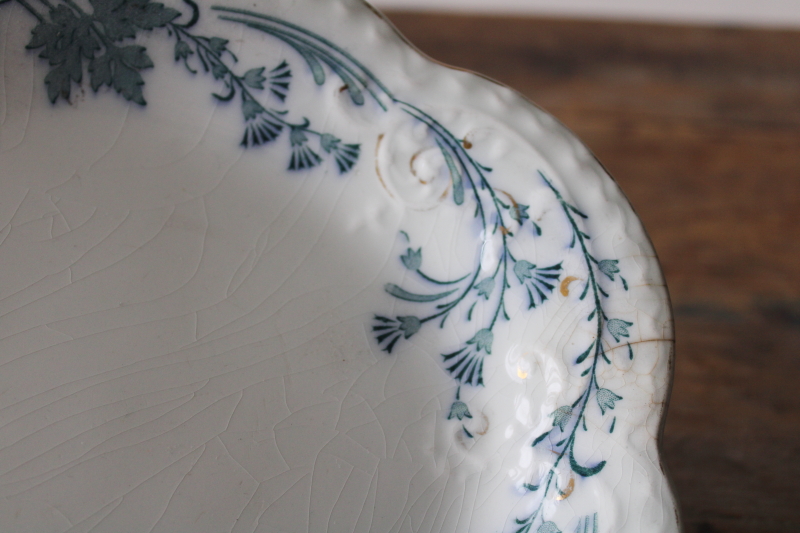 photo of antique Johnson Bros Vintage pattern china platter, dark blue green transferware Victorian ivy border w/ tassels #4