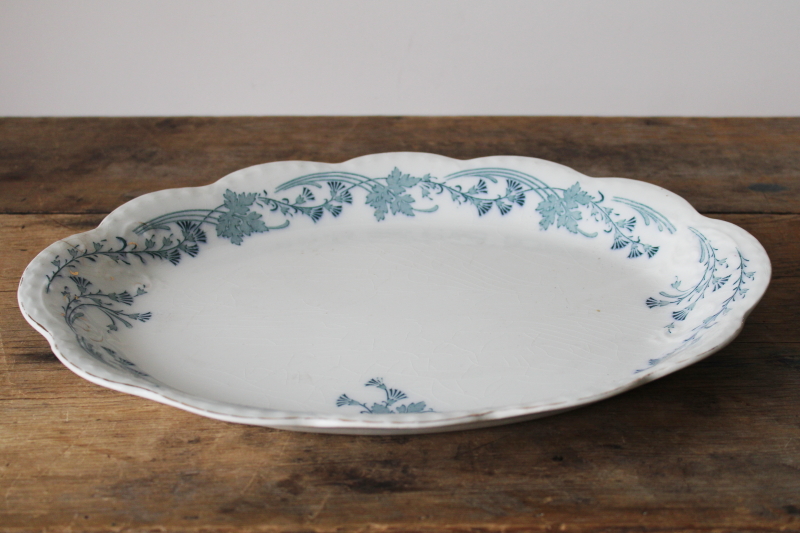 photo of antique Johnson Bros Vintage pattern china platter, dark blue green transferware Victorian ivy border w/ tassels #5