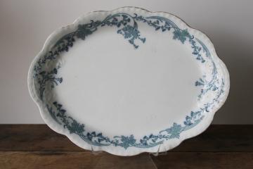 antique Johnson Bros Vintage pattern china platter, dark blue green transferware Victorian ivy border w/ tassels 