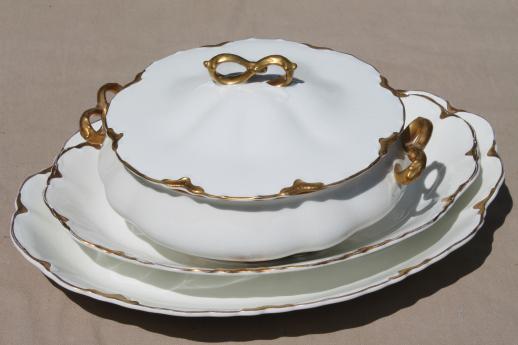 photo of antique Johnson Bros china covered bowl & platters, white scalloped china w/ gold trim #1