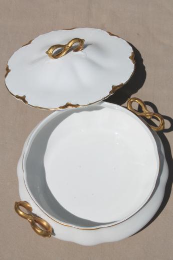 photo of antique Johnson Bros china covered bowl & platters, white scalloped china w/ gold trim #6