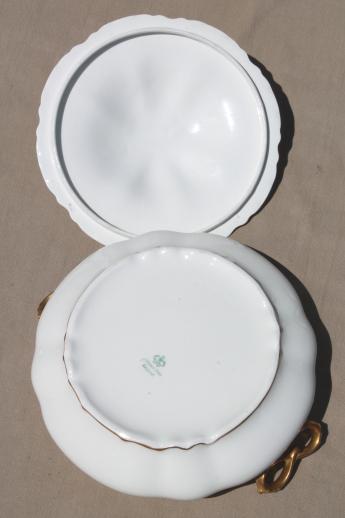 photo of antique Johnson Bros china covered bowl & platters, white scalloped china w/ gold trim #7