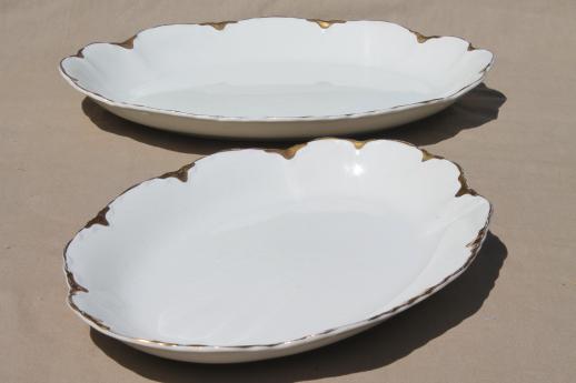 photo of antique Johnson Bros china covered bowl & platters, white scalloped china w/ gold trim #9