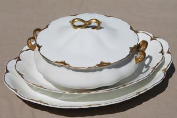 catalog photo of antique Johnson Bros china covered bowl & platters, white scalloped china w/ gold trim