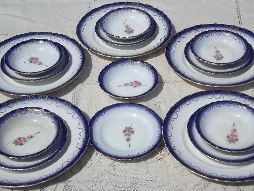 photo of antique Limoges China, flow blue border w/ floral, American or French? #1