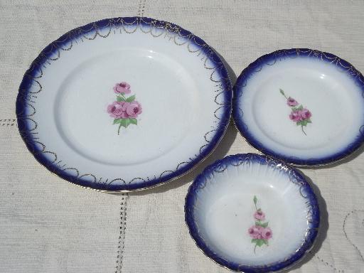 photo of antique Limoges China, flow blue border w/ floral, American or French? #3