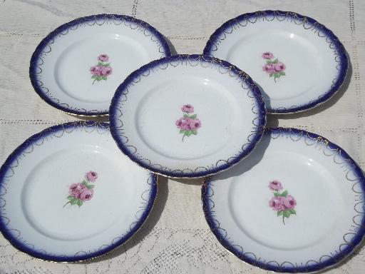 photo of antique Limoges China, flow blue border w/ floral, American or French? #4