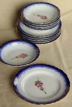 catalog photo of antique Limoges China, flow blue border w/ rose pink floral, American or French?