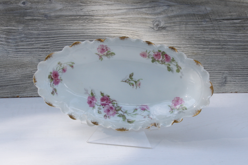 photo of antique Limoges France china, long oval dish or tray pink roses floral w/ gold daubs Charles Field Haviland #1