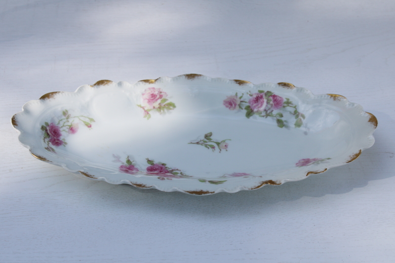 photo of antique Limoges France china, long oval dish or tray pink roses floral w/ gold daubs Charles Field Haviland #2