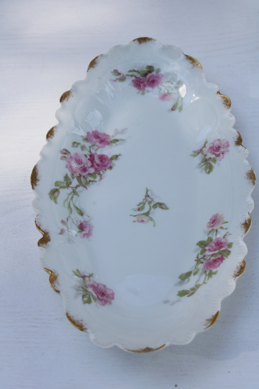 photo of antique Limoges France china, long oval dish or tray pink roses floral w/ gold daubs Charles Field Haviland #4