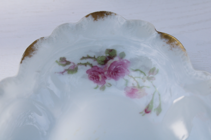 photo of antique Limoges France china, long oval dish or tray pink roses floral w/ gold daubs Charles Field Haviland #5