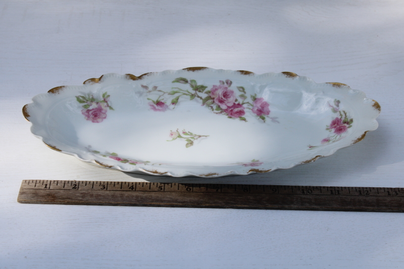 photo of antique Limoges France china, long oval dish or tray pink roses floral w/ gold daubs Charles Field Haviland #8