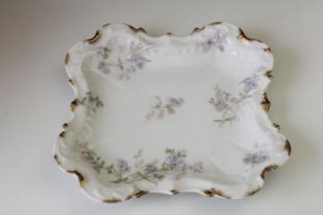 catalog photo of antique Limoges France porcelain small square tray or plate, ornate edge lavender blue floral china 