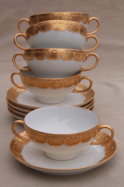 photo of antique Limoges china boullion cups or cream soup bowls w/ encrusted gold, vintage 1913 #1