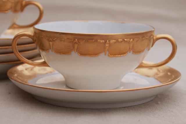 photo of antique Limoges china boullion cups or cream soup bowls w/ encrusted gold, vintage 1913 #6